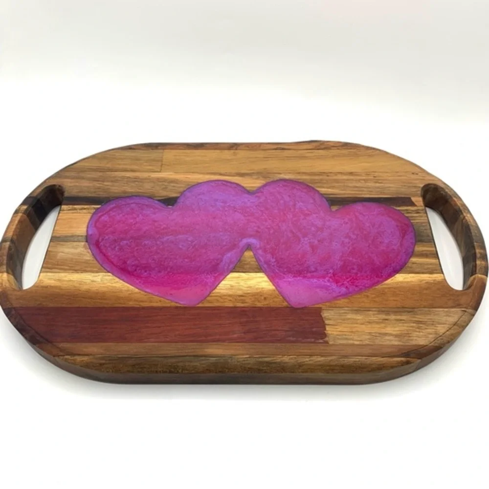Handcrafted Wood Cutting Board Charcuterie Board Resin Hearts Design